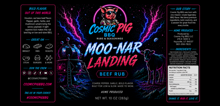 Moo-Nar Landing Beef Rub label
